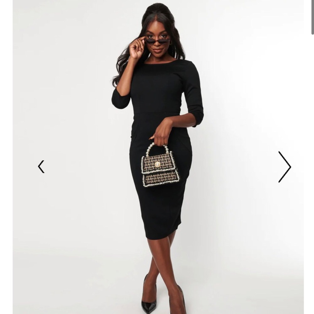 Unique Vintage Black Sleeved Mod Wiggle Dress Black Midi Large 10 12